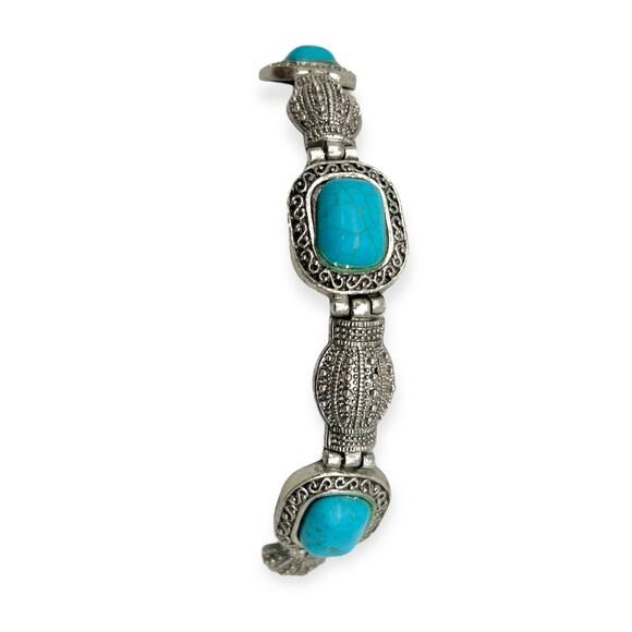 Vintage Balinese Bracelet Turquoise Blue Silver Square Shape Precious Howlite - Picture 8 of 13